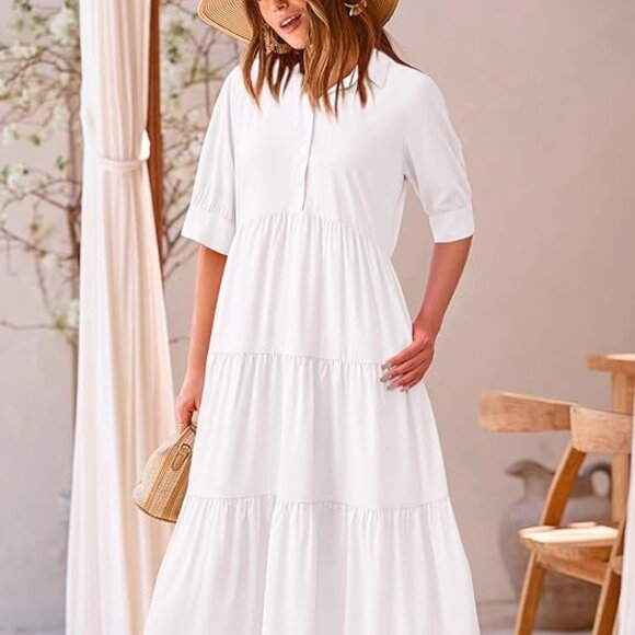 Women's Summer Beach Maxi Dress Short Sleeve Buttons - Picture 1 of 6